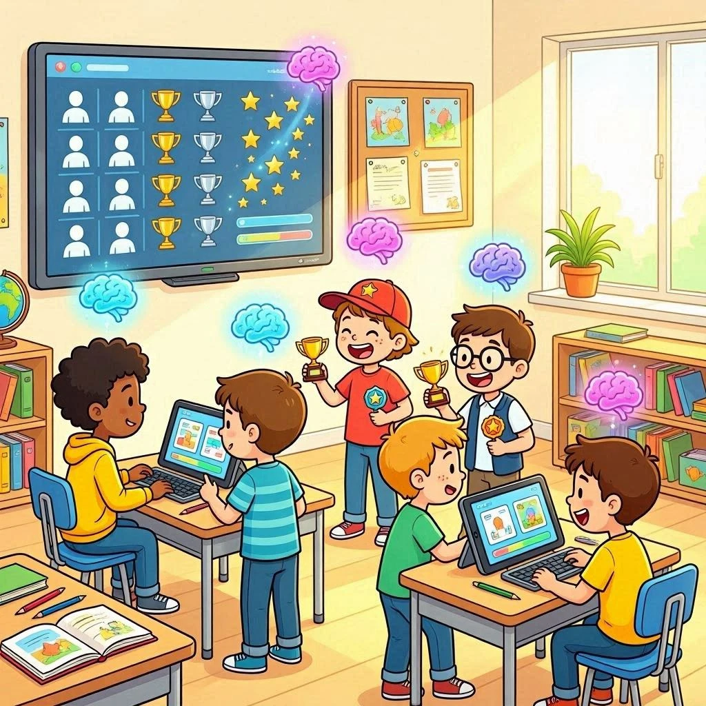 Kids engaging with gamified learning on a tablet