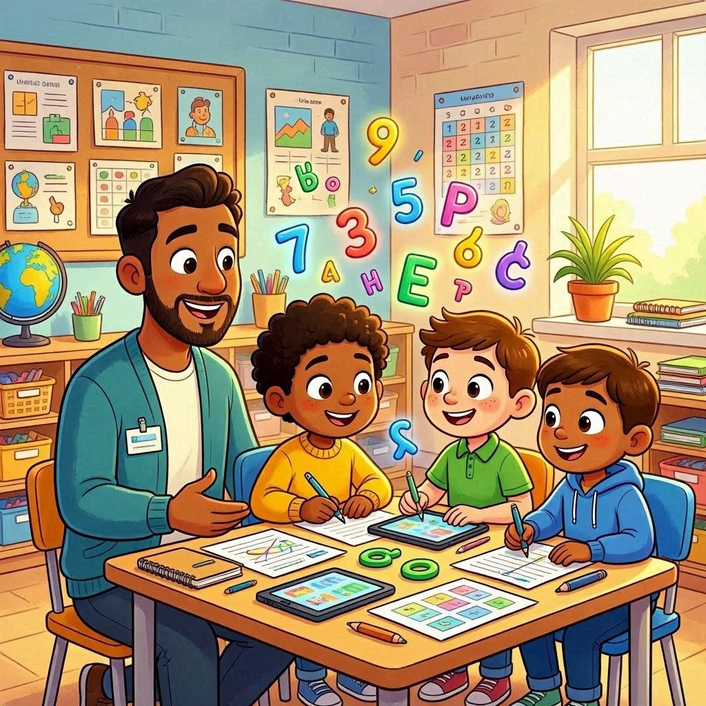 Child learning math with interactive quizzes